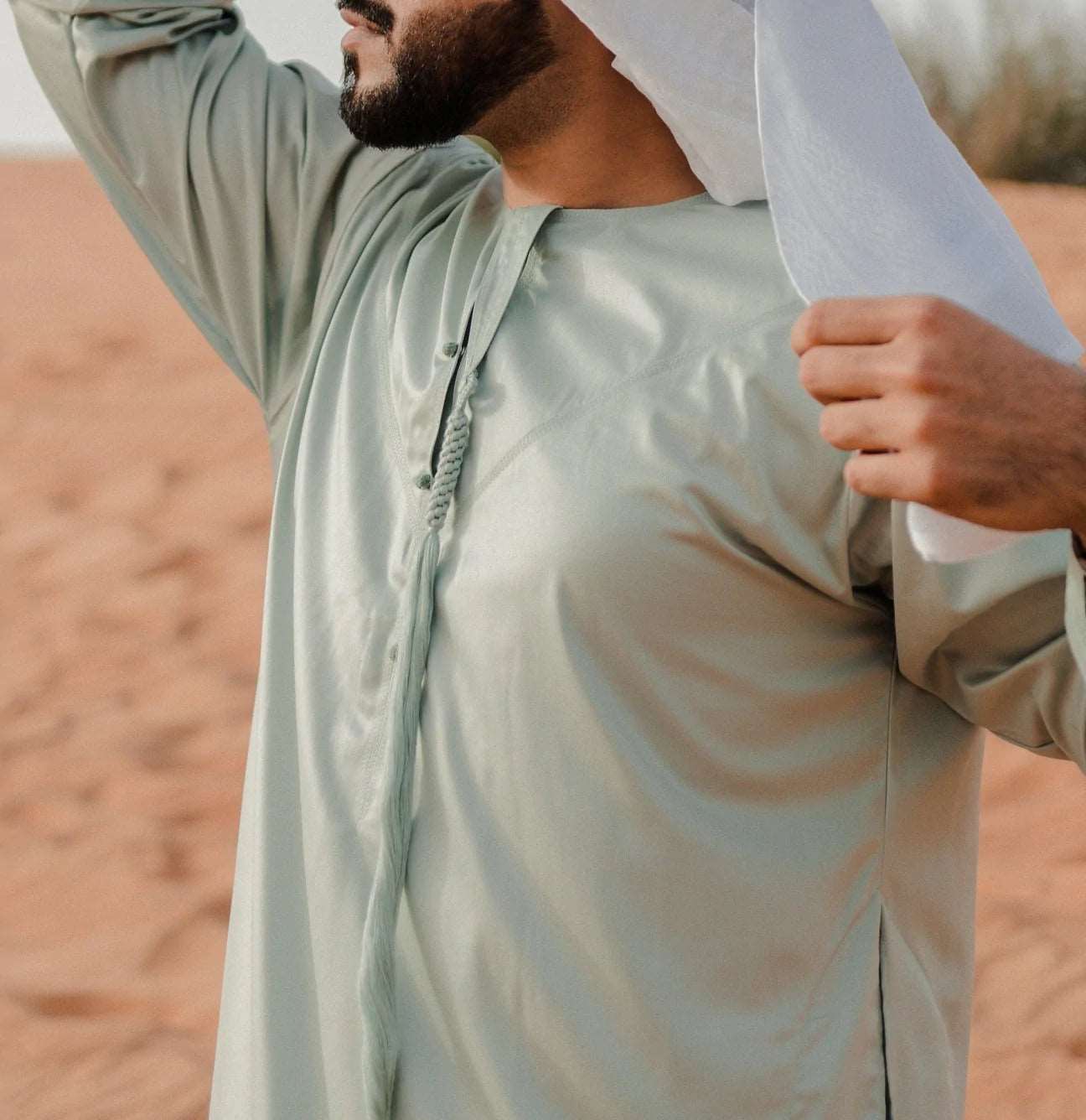 Pastel Green Silky Emirati Thobe - Arewa Collections