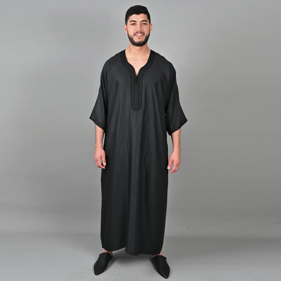 Silfa Black Linen Blend Moroccan Gandoura - Arewa Collections