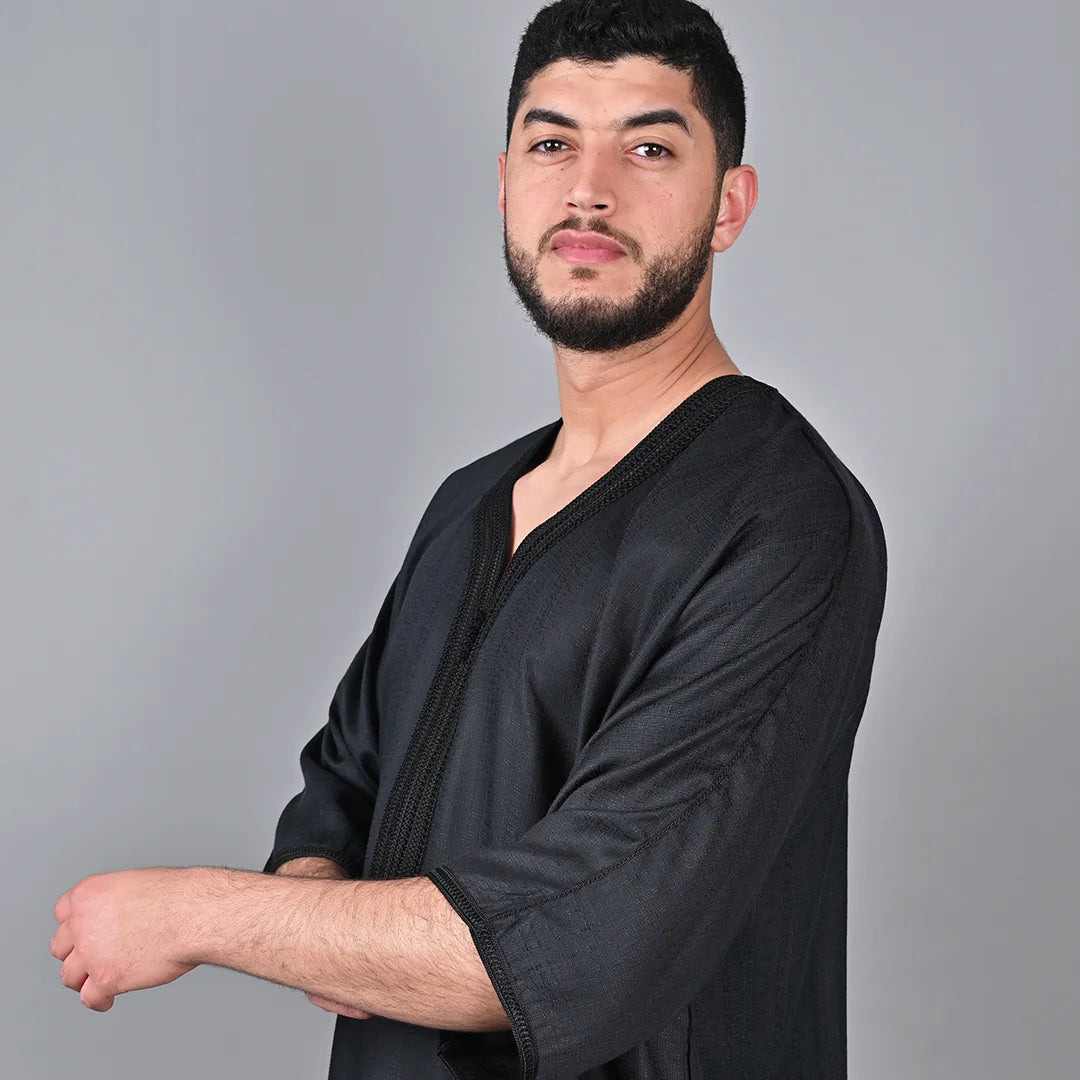 Silfa Black Linen Blend Moroccan Gandoura - Arewa Collections