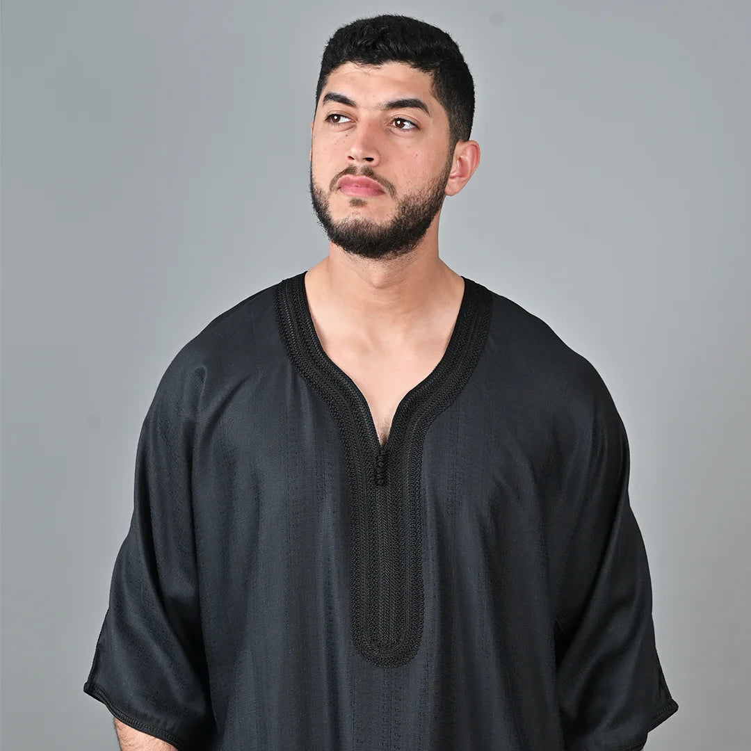 Silfa Black Linen Blend Moroccan Gandoura - Arewa Collections