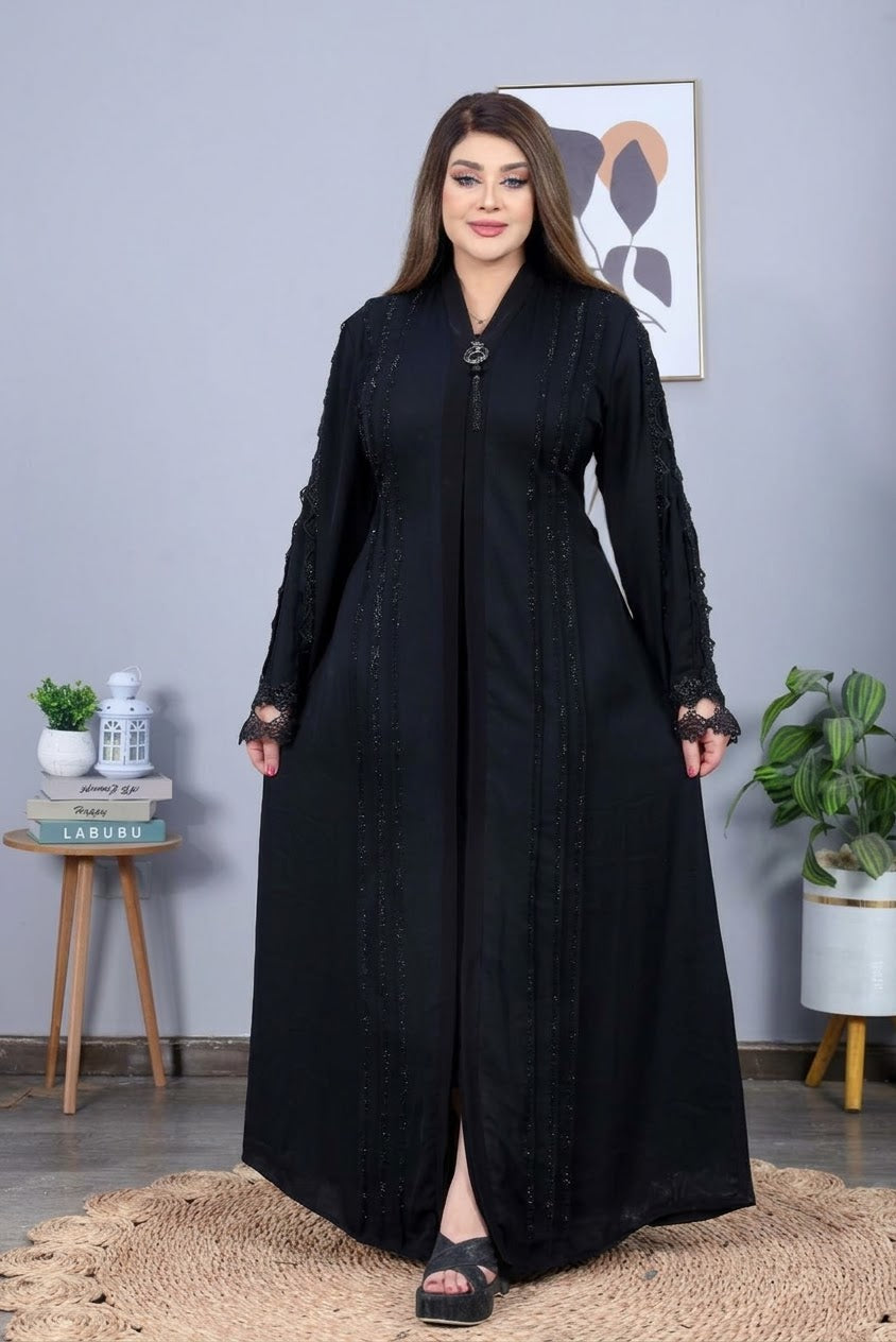 Elegant Black Embellished Abaya with Lace Bell Sleeves