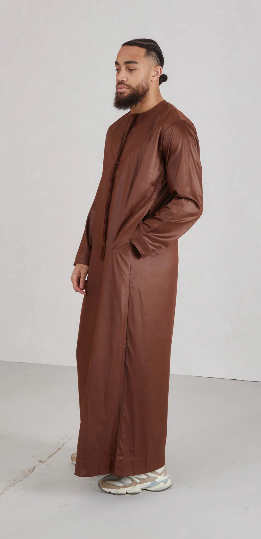Camel Brown Silky Emirati Thobe - Arewa Collections