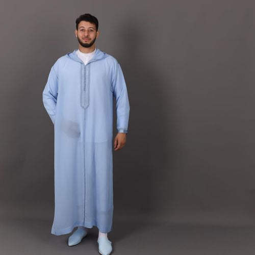 Gandoura transparente à capuche bleu ciel faite à la main