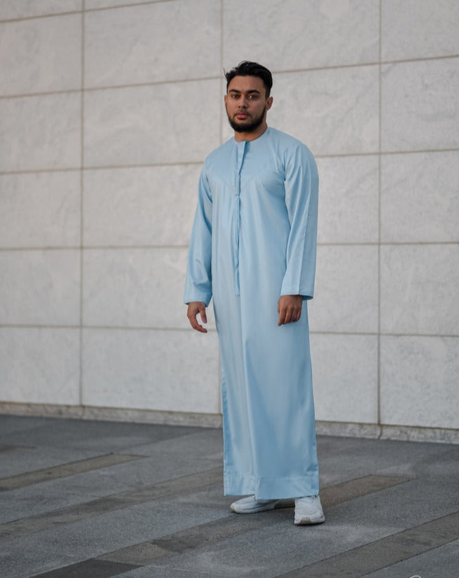 Sky Blue Silky Emirati Thobe - Arewa Collections