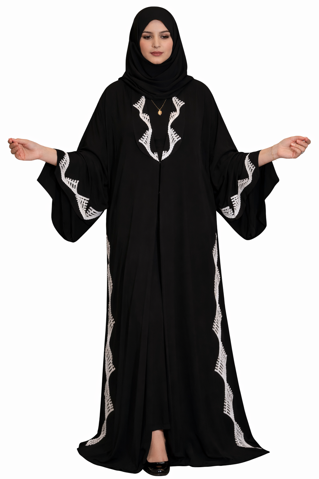 Black Abaya with White Embroidered Detailing