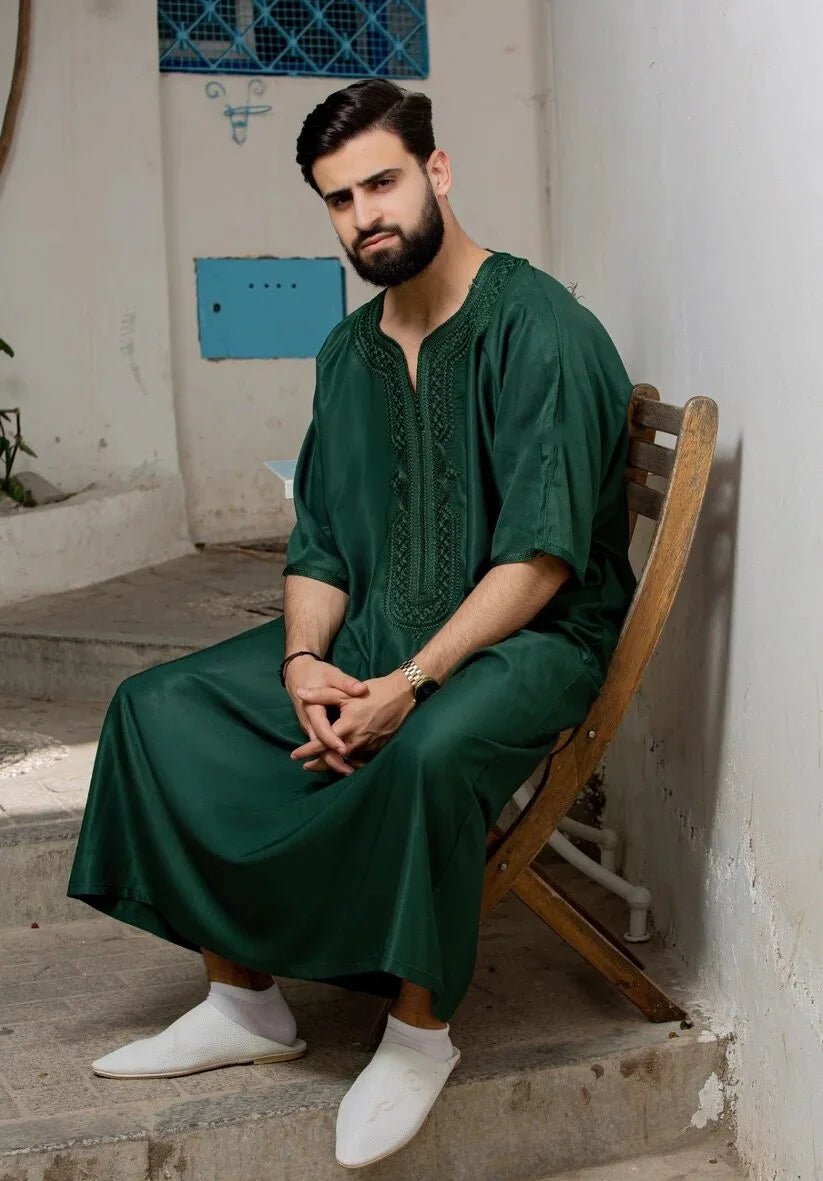 Amid Silky Green Cotton Blend Moroccan Gandoura - Arewa Collections
