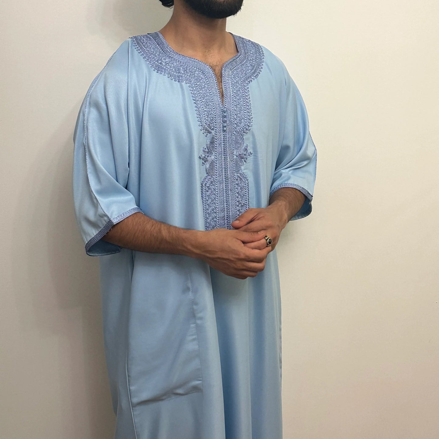 Amid Silky Sky Blue Cotton Moroccan Gandoura - Arewa Collections