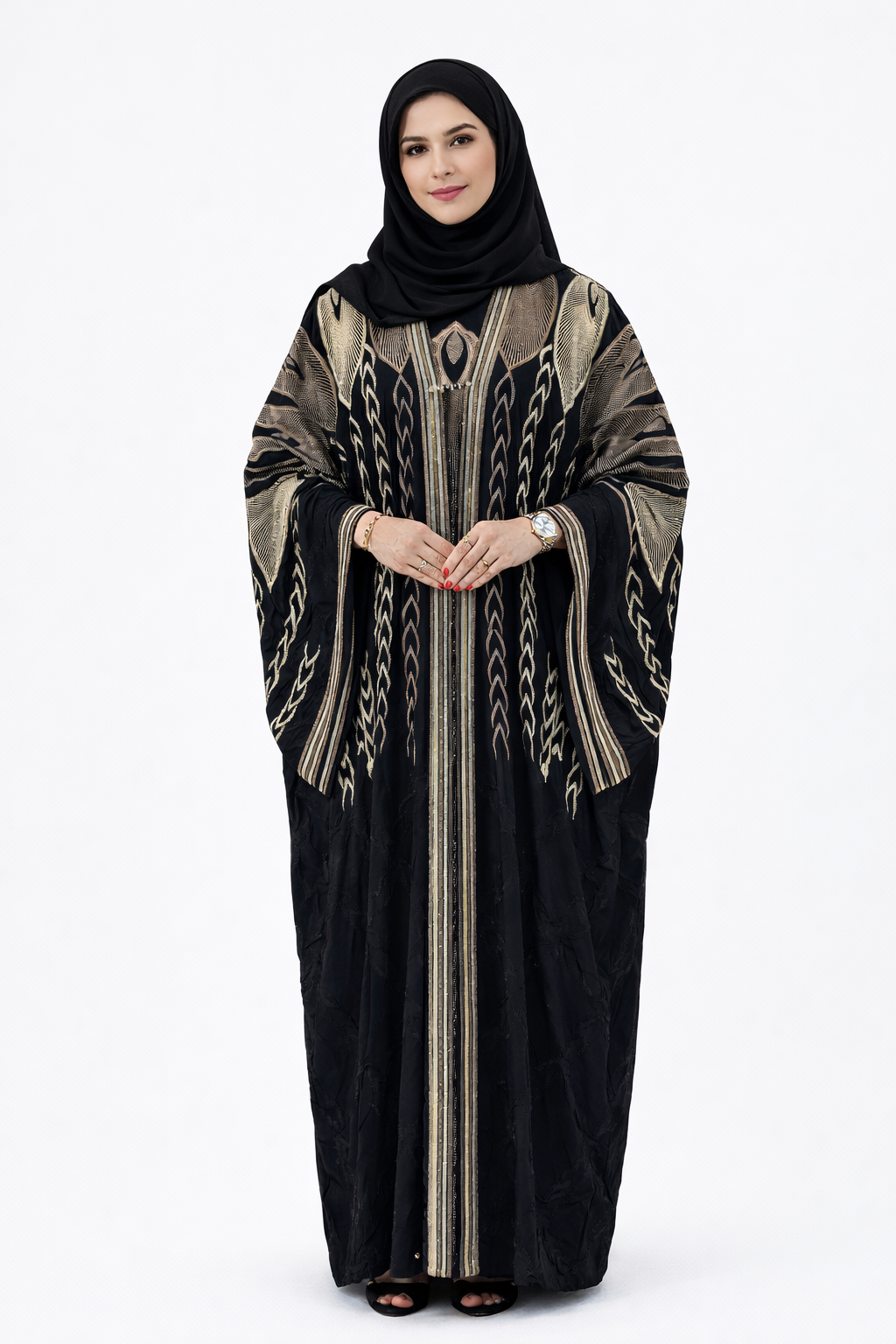 Luxury Black Embroidered Abaya for Women | Elegant Kaftan with Gold Detailing