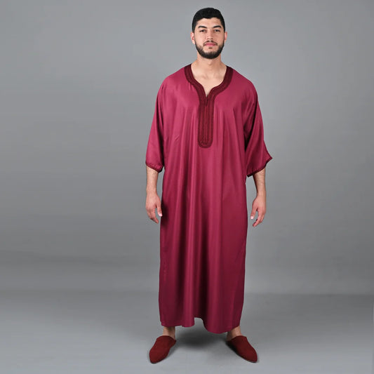 Silfa Maroon Linen Blend Moroccan Gandoura - Arewa Collections
