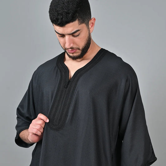 Silfa Black Linen Blend Moroccan Gandoura - Arewa Collections
