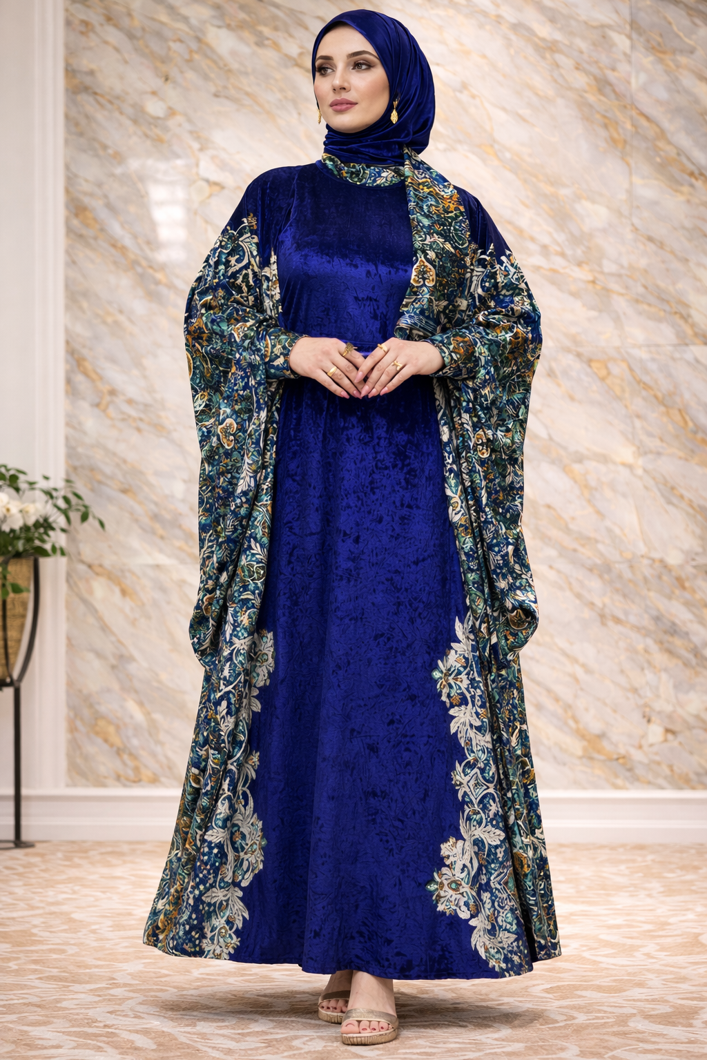 Abaya d'hiver en velours avec hijab assorti, taille unique.