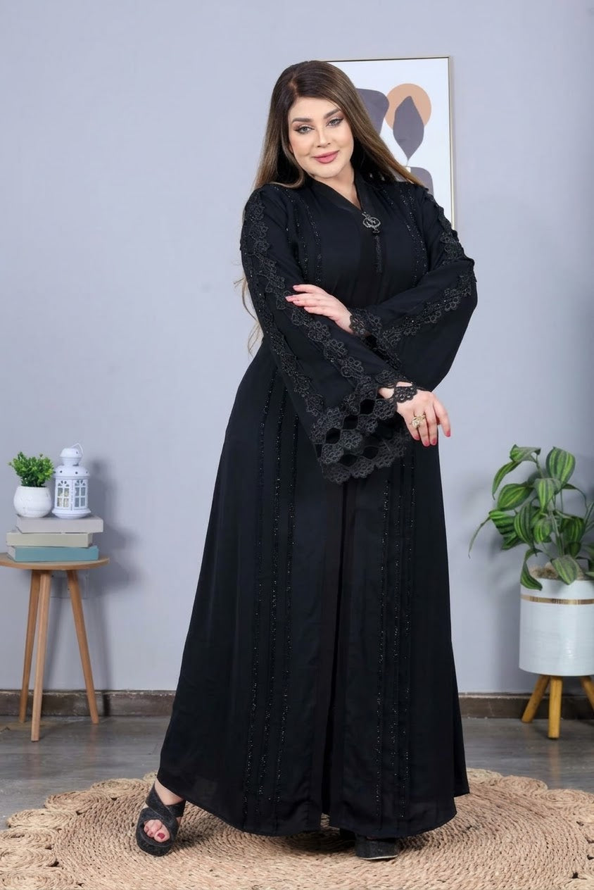 Elegant Black Embellished Abaya with Lace Bell Sleeves