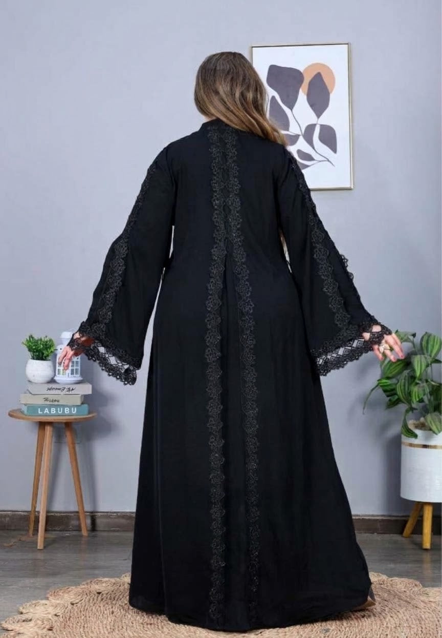 Elegant Black Embellished Abaya with Lace Bell Sleeves