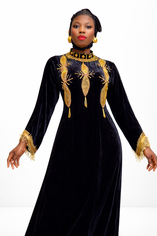 Royal Noir Gold Embellished Velvet Abaya
