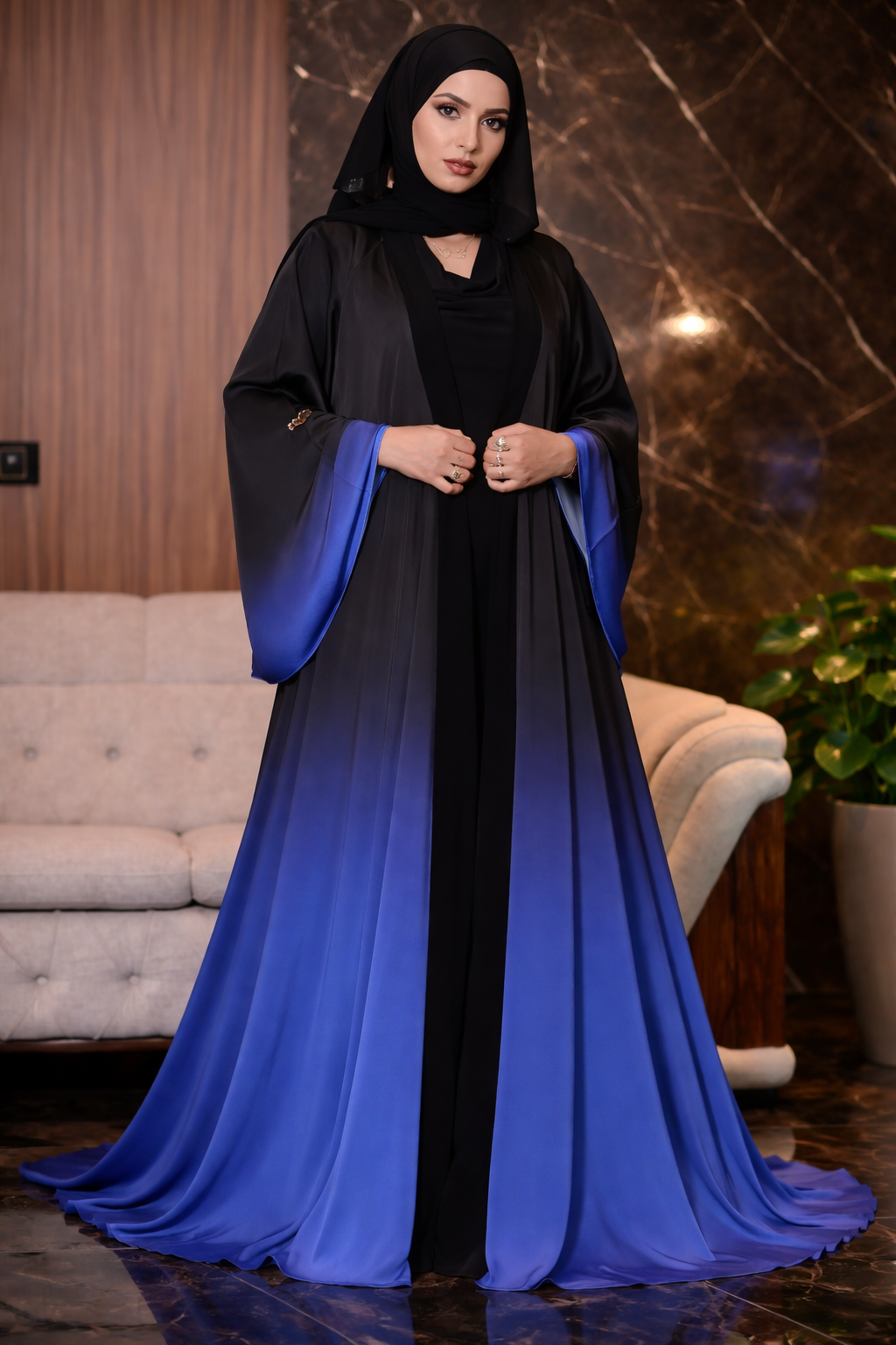 Elegant Black and Coloured Ombre Abaya - 2pieces