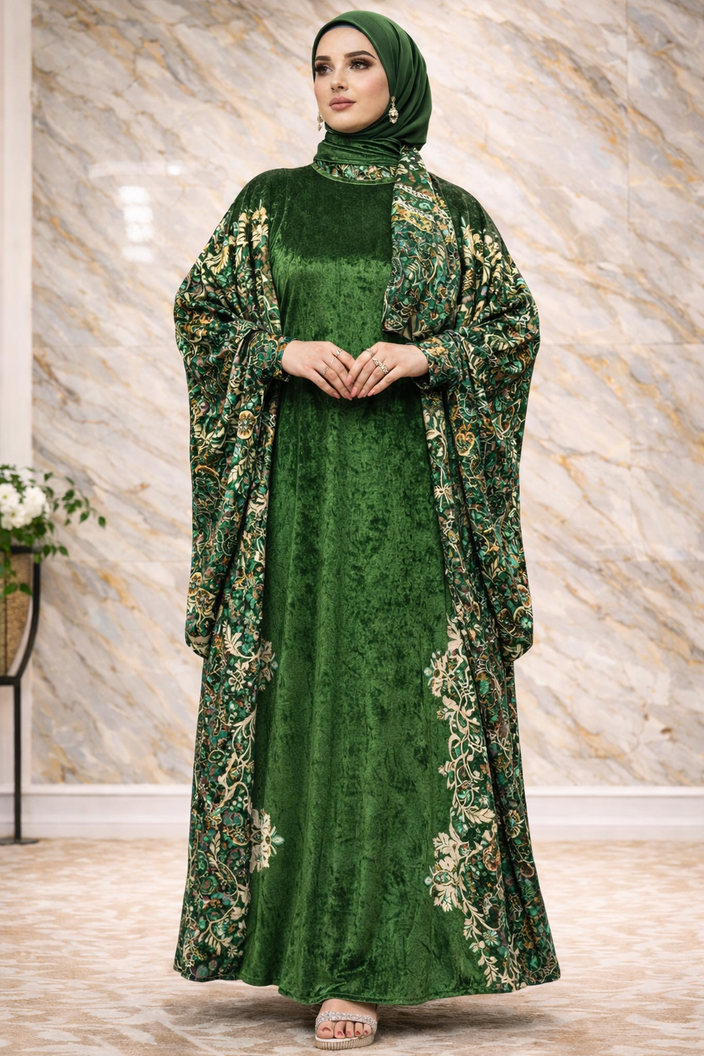 Abaya d'hiver en velours avec hijab assorti, taille unique.