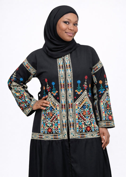 Embroidered Modest Dress Set with Hijab – Elegant Black Abaya Outfit for Women