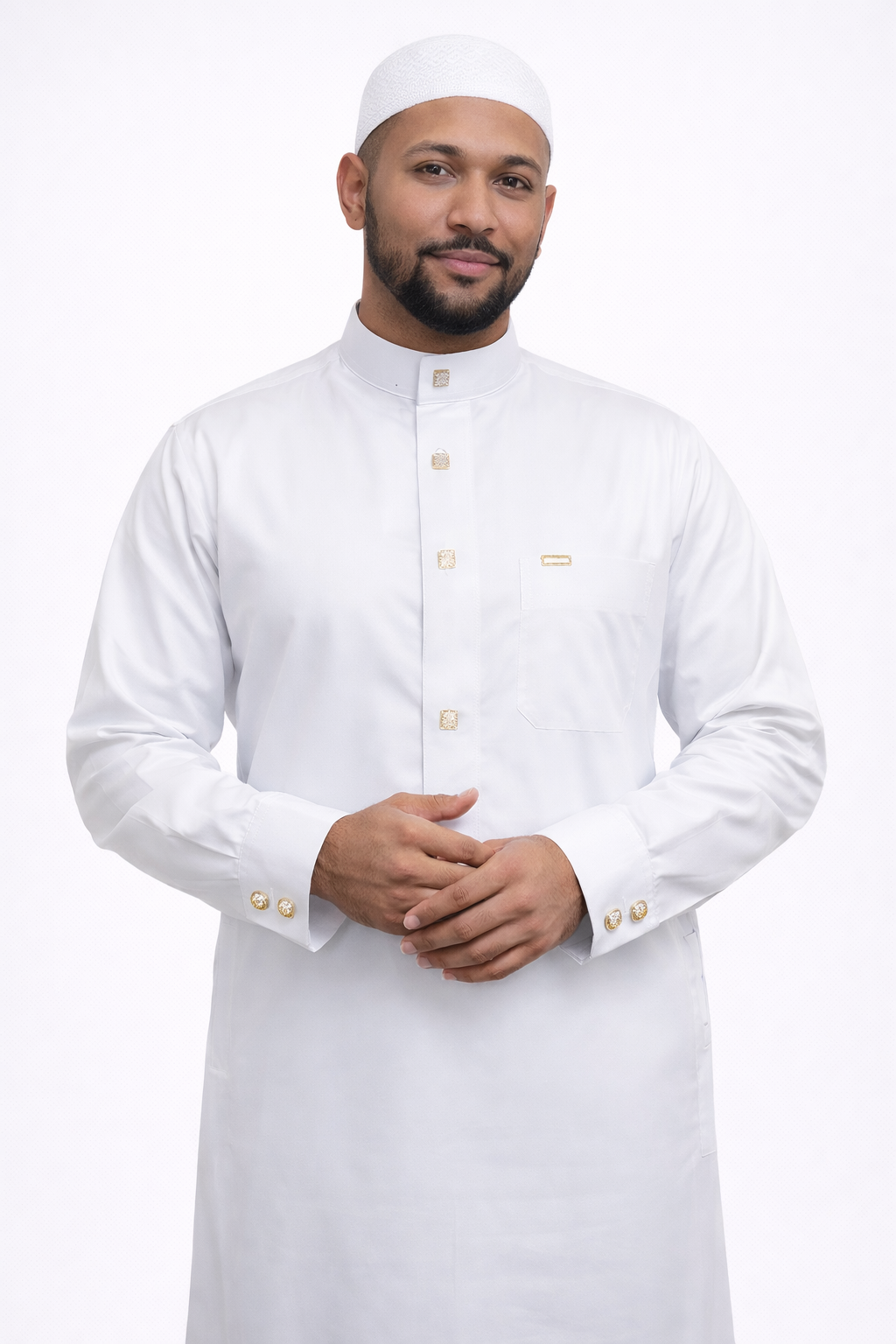 Al Maleek Saudi Premium White Thobe for Men – Gold Button Detail | Traditional Islamic Clothing | Elegant Kandura Dishdasha