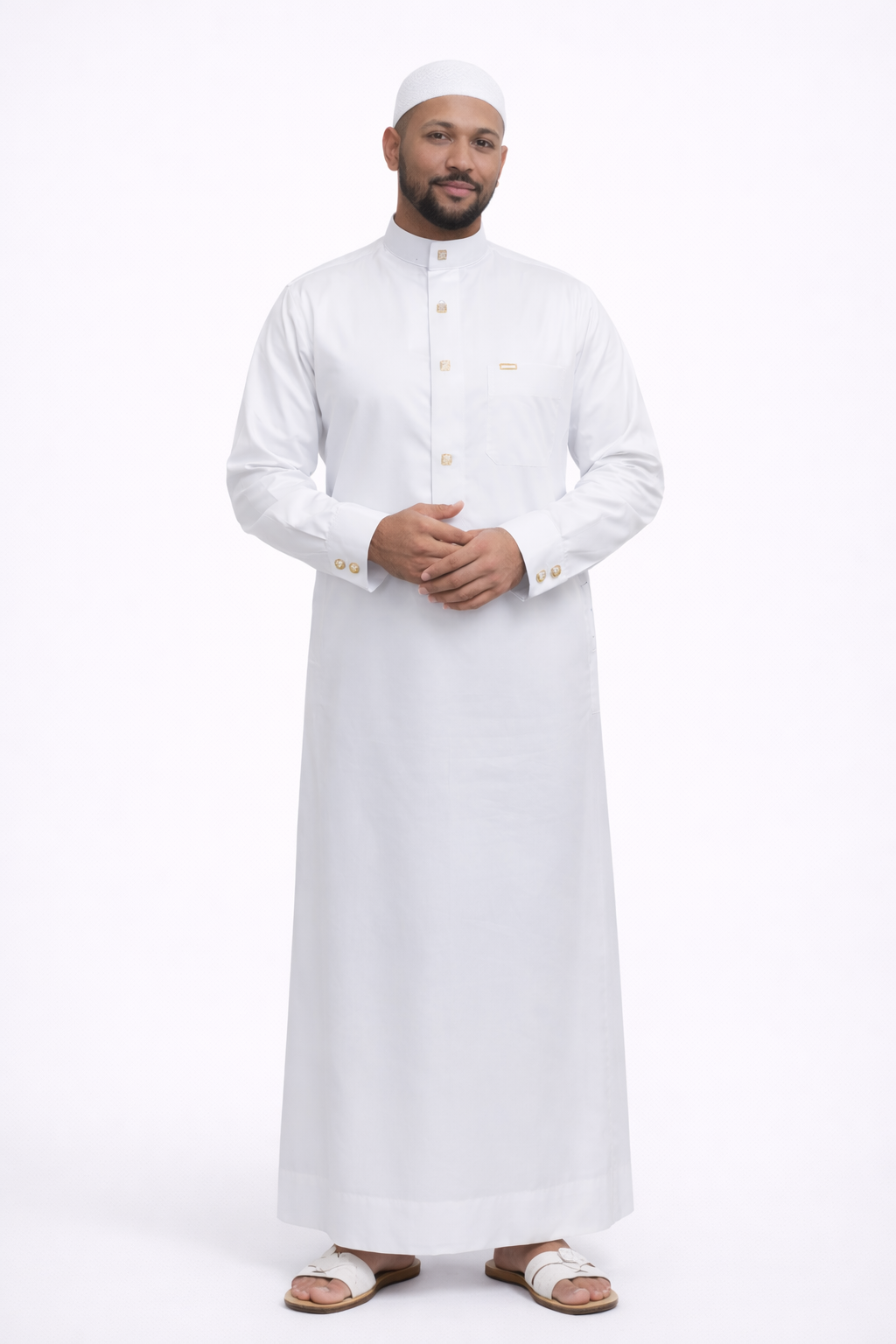 Al Maleek Saudi Premium White Thobe for Men – Gold Button Detail | Traditional Islamic Clothing | Elegant Kandura Dishdasha