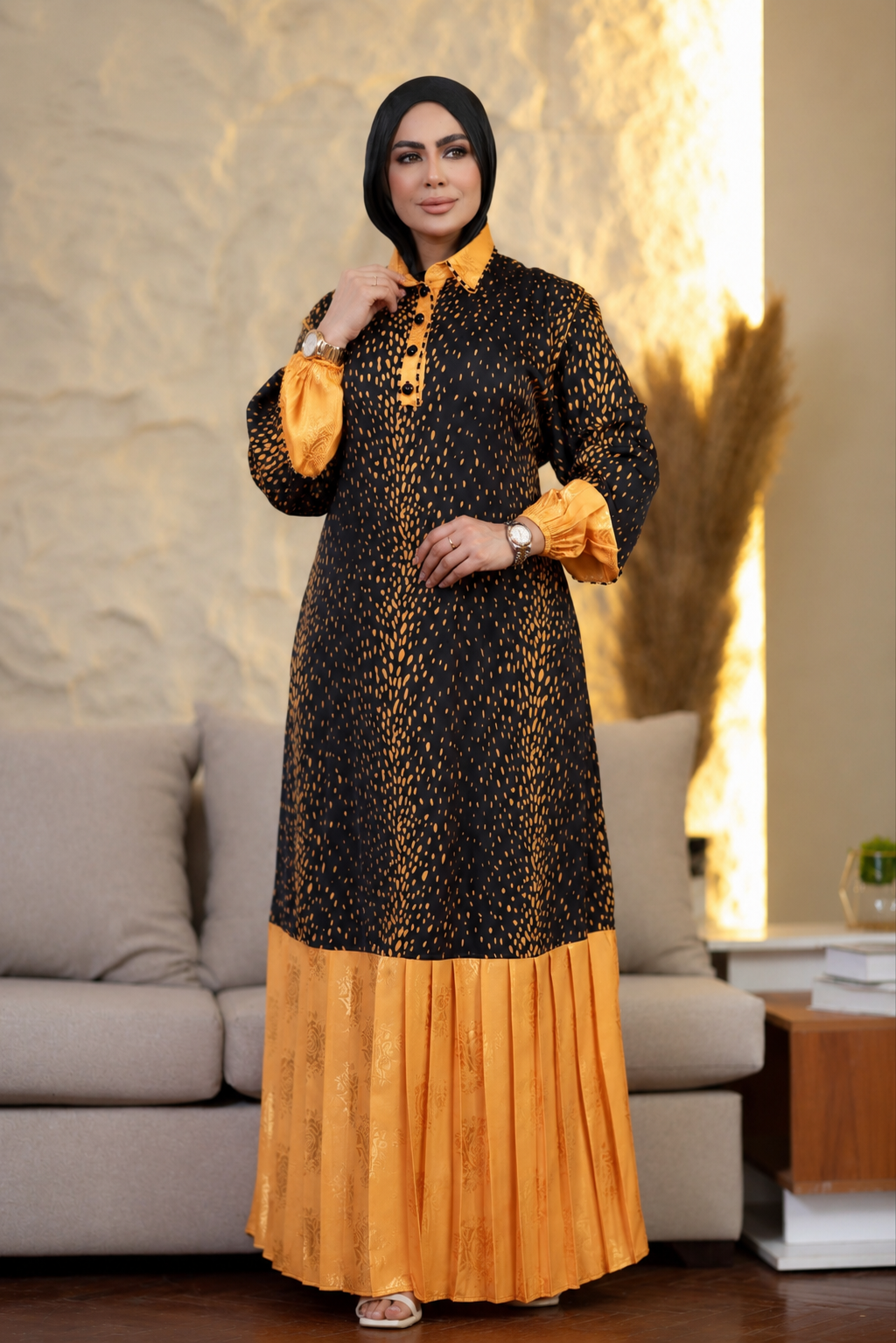 Elegant Black & Gold Modest Maxi Dress