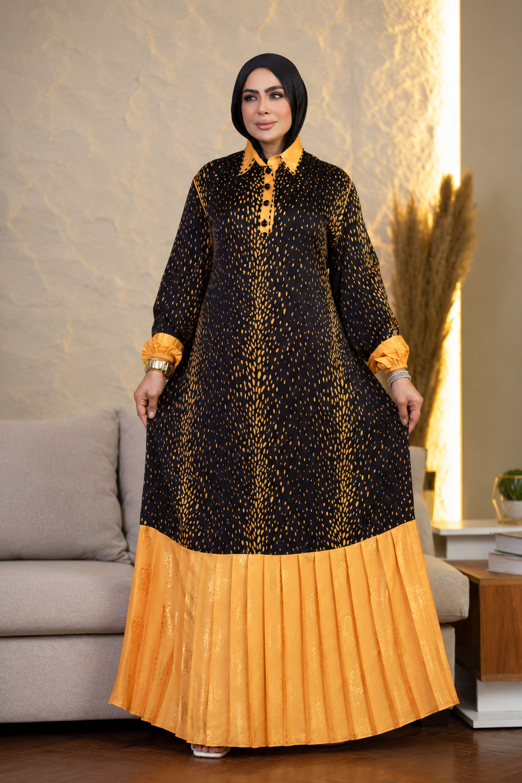 Elegant Black & Gold Modest Maxi Dress