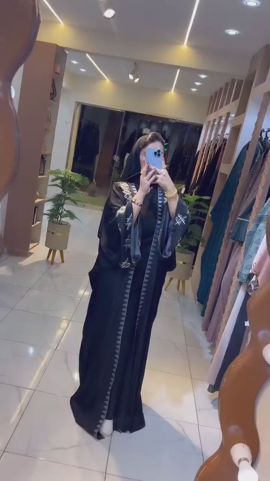 Elegant Black Embroidered Two piece Abaya with Matching Hijab