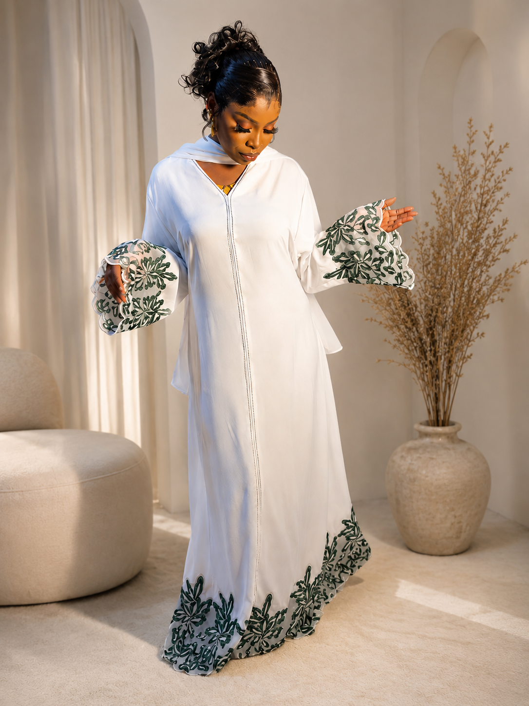Elegant White Embroidered Abaya with Flared Sleeves