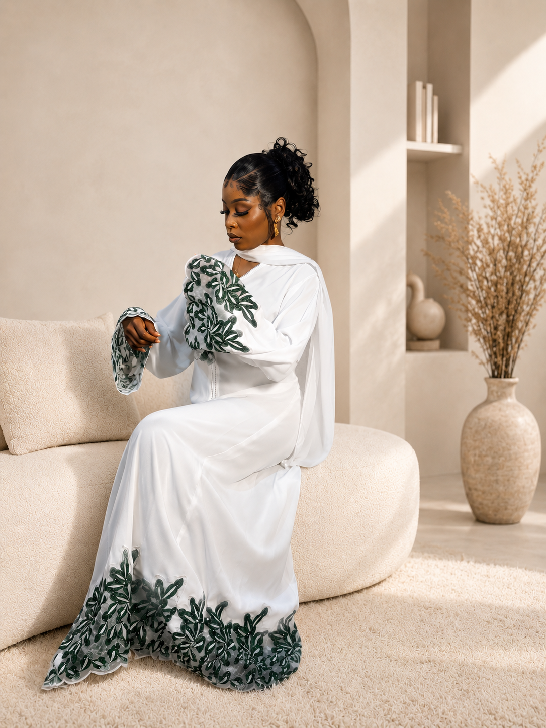 Elegant White Embroidered Abaya with Flared Sleeves