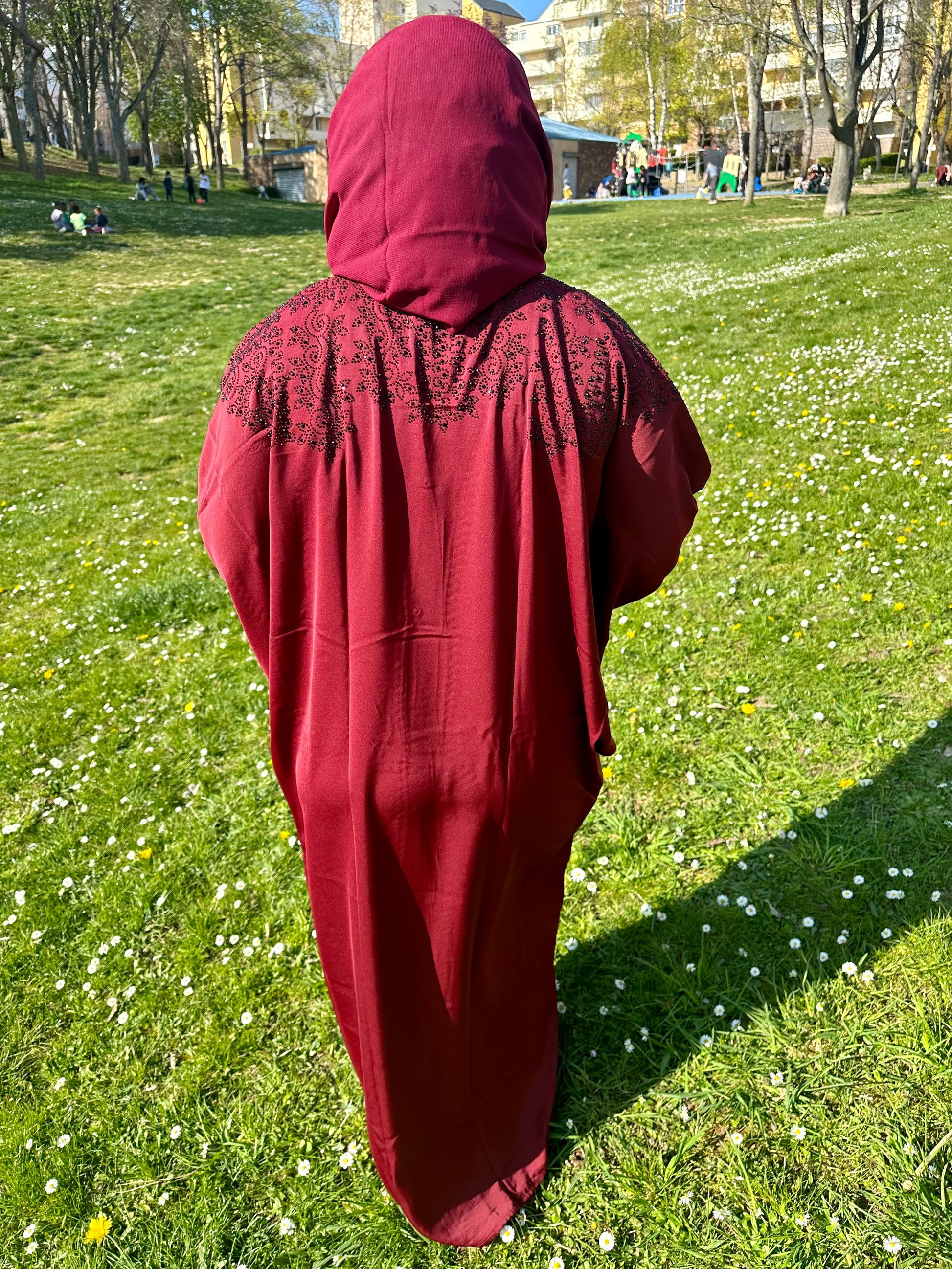 a person in a red coat standing in a field 